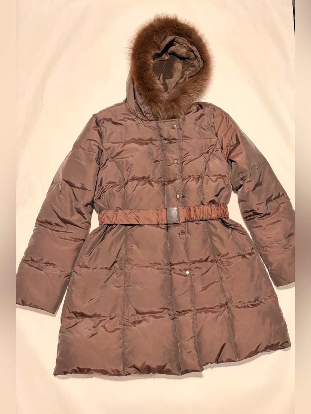 Via Spiga Brown Hooded Belted Puffer Coat with Faux Fur Trim